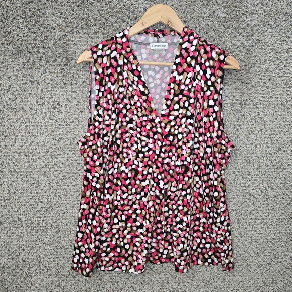 Calvin Klein Top Womens Plus 1X Pink Printed V Neck Sleeveless Stretch Casual - Picture 1 of 7